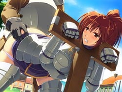 angry armor ass ass_grab bent_over blush breasts brown_eyes brown_hair clenched_teeth clouds female game_cg gloves highres himekishi_angelica ishigaki_takashi long_hair looking_back medieval medium_breasts panties panty_pull pillory ponytail public rape sex sky spoils_of_war stocks tied_hair underwear vaginal_penetration