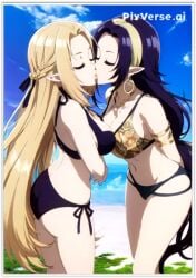 2elves 2girls 2milfs ai_generated alpha_(the_eminence_in_shadow) elves gamma_(the_eminence_in_shadow) kage_no_jitsuryokusha_ni_naritakute! lesbian_couple lesbian_kiss the_eminence_in_shadow yuri