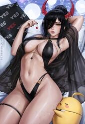 arm_behind_head arm_up armpits artist_name azur_lane bikini black_bikini black_hair breasts cherry cleavage female food friedrich_der_grosse_(azur_lane) fruit hair_over_one_eye holding holding_food horns large_breasts lips long_hair looking_at_viewer lying mechanical_horns navel official_alternate_costume on_back parted_lips pillow red_horns sciamano240 see-through solo stomach swimsuit thigh_strap thighs wet yellow_eyes