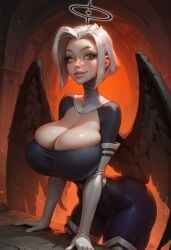 1girls ai_generated angel angel_wings blush civitai cleavage cleavage_cutout elbow_gloves halo hazbin_hotel huge_breasts looking_at_viewer lute_(hazbin_hotel) mamely32 short_hair solo white_hair yellow_eyes