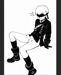 1boy balls blindfold bottomless clothing erect_penis erection femboy gmgshmtcbn light-skinned_male light_skin male male_focus male_only monochrome nier nier:_automata nude nude_male penis short_hair solo testicles trap white_hair yorha_9s