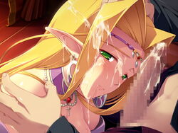 blonde_hair blush breasts censored christina_rothschild cross_necklace cum cum_on_hair earrings elf embarrassed erection ernest_fortunato facial female game_cg green_eyes highres himekishi_angelica ishigaki_takashi large_breasts long_hair looking_at_viewer penis pointy_ears saliva