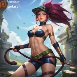 1girls ai_generated akali black bondage bondage breasts dominant domination dominatrix face female femdom femdomfantasyai gear league_of_legends outfit panties pov sexually smug solo submission suggestive tencent thighs whip