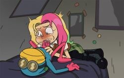 1boy amphibia bed bedroom blonde_hair blush boots collared_shirt colored_skin covered_face ctfbm cum fellatio female frog_boy full_body green_hair green_skirt half-closed_eyes indoors long_hair looking_down lying molly_jo multicolored_hair oral pantyhose penis pink_hair pink_skin round_eyewear shirt skirt sprig_plantar surprised sweatdrop sweater_vest
