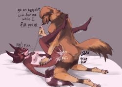 anthro arm_grab ash_(moontrot) bed bed_sheet bedding big_dom_small_sub blush bodily_fluids breasts breeding_kink brown_body canid canine canis claws collar cum cum_inside dialogue domestic_dog dominant duo embarrassed excessive_cum excessive_genital_fluids eye_roll feet female female_penetrated fox from_front_position furniture genital_fluids genitals hair hi_res larger_male leash leash_pull leg_grab long_ears looking_pleasured lying male male/female male_penetrating mammal missionary_position moan moontrot muscular nipples nude on_back on_bed onomatopoeia open_mouth orgasm penetration penis pink_eyes plantigrade plap realistic_anatomy sex simple_background size_difference skinny small_breasts smaller_female smile sound_effects submissive submissive_female sweat text three-quarter_view tongue tongue_out vaginal_penetration vaginal_penetration yellow_eyes