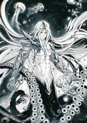 1boy abs armor elena_ivlyushkina final_fantasy final_fantasy_vii final_fantasy_vii_remake kay-i long_hair long_hair_male male male_focus muscles muscular muscular_male octopus_humanoid octopus_tentacle sephiroth shirtless shirtless_male solo_male tentacle toned toned_male toned_stomach underwater very_long_hair villain