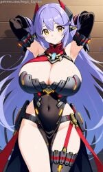 1girl 1girls absurdly_long_hair aegis_elysium ai_art ai_generated android armor armpits arms_behind_head arms_up blush blushing blushing_at_viewer breasts cleavage cleavage_cutout clothing_cutout earrings female female_armor female_focus gem hair_ornament headpiece highres holding huge_breasts indoors jewelry large_breasts light long_hair looking_at_viewer navel nintendo orange_eyes patreon patreon_username poppi_(xenoblade) poppi_qtpi_(xenoblade) purple_hair sitting skindentation smile solo solo_focus standing swept_bangs thick_breasts thick_thighs thighhighs thighs tiara very_long_hair watermark wood xenoblade_(series) xenoblade_chronicles_(series) xenoblade_chronicles_2