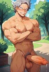 1boy 1male ai_generated baraboys gay grin huge_cock muscular_body my_hero_academia naked silver_pubic_hair tetsutetsu_tetsutetsu