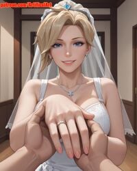 1girls ai_generated angel angela_ziegler artifical_art blonde_female blonde_hair blue_eyes bride femdomfantasyai hair_bun headwear light-skinned_female light_skin medium_breasts mercy mercy_(overwatch) overwatch overwatch_2 ponytail