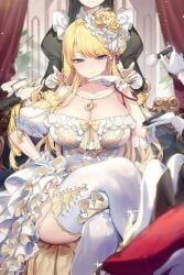 big_breasts blonde_hair headwear jewelry large_breasts maid makeup mendou_kusai multiple_girls noblewoman white_dress