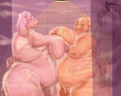 2girls alphys bbw chubby chubby_female female female_only furry goat goat_girl kuchavatii lizard lizard_girl mature mature_female morbidly_obese morbidly_obese_anthro morbidly_obese_female naked obese obese_anthro obese_female scalie shower showering showering_together tail toriel undertale_(series)