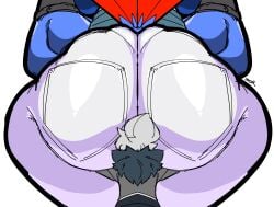 1boy 1girls 2025 anthro ass ass_focus ass_on_face avian avian_humanoid back_view big_ass blue_feathers bottom_heavy curvy curvy_figure dat_ass duo duo_focus fat_ass female fully_clothed gigantic_ass huge_ass human_on_anthro large_ass male motorboating nova_(zoruadrawsstuff) oc original original_character rear_view thick_thighs tight_pants white_background wide_hips zor_(zoruadrawsstuff) zoruadrawsstuff