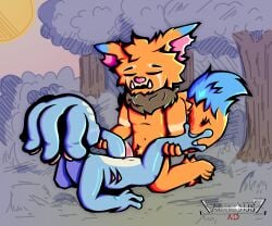 anal anal_sex animal_genitalia anthro barefoot belly blue_body blue_fur blue_skin blush blush_lines bodily_fluids brown_body brown_fur dripping duo ear_tuft fangs feet fizz_(lol) forest forest_background fur genital_fluids genital_slit genitals gnar_(lol) gradient_background grass hi_res highlights_(coloring) holding_both_legs jackousz kneeling kneeling_sex league_of_legends leaking_precum logo looking_at_another looking_pleasured male male/male muscular nature nature_background navel orange_body orange_fur outside outside_sex penetration pink_nose plant precum precum_drip pubes pubes_exposed riot_games sex shaded shaded_line_art simple_background spread_legs spreading sun tail teeth teeth_showing tencent tree tuft yordle