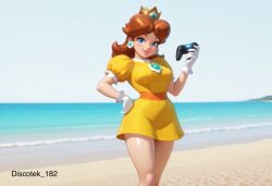 ai_generated beach big_breasts blue_eyes brown_hair controller game game_controller horny legs mario_(series) mario_kart mario_strikers naughty_face princess_daisy video_game_character video_games yellow_dress