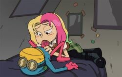 1boy amphibia bed bedroom blonde_hair blush boots collared_shirt colored_skin covered_face ctfbm fellatio female frog_boy full_body green_hair green_skirt half-closed_eyes indoors long_hair looking_down lying molly_jo multicolored_hair oral pantyhose penis pink_hair pink_skin round_eyewear shirt skirt sprig_plantar sweatdrop sweater_vest
