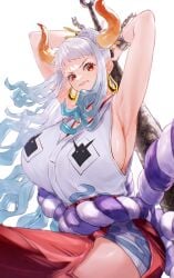 1girls armpits arms_up bare_arms big_breasts blush clothed clothing cuffs earrings female female_focus female_only holding_object horns large_breasts long_hair one_piece red_eyes sc_scandium sideboob simple_background sleeveless solo thighs white_background white_hair yamato_(one_piece)