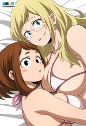 2girls big_breasts bikini blonde_hair blue_eyes breasts brown_hair female female_only glasses looking_at_viewer medium_hair melissa_shield my_hero_academia nipples ochako_uraraka on_bed open_mouth sweat thick_thighs thighs tsuranukko watermark white_background yuri