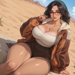 ai_generated alma_(monster_hunter_wilds) alternate_version_at_source big_breasts black_hair breasts brown_skin desert female glasses hypet monster_hunter monster_hunter_wilds shiny shiny_skin sitting solo tagme thick thick_ass thick_legs thick_thighs thighhighs thighs video_game_character video_games wide_hips