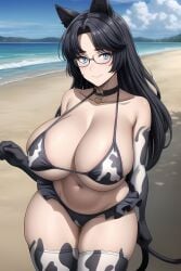 1girls ai_generated big_breasts black_hair blue_eyes cat_ears cat_tail catgirl cow_print cow_print_bikini female female_focus female_only huge_breasts large_breasts long_hair looking_at_viewer mature_female milf smile