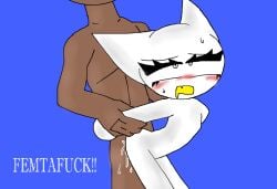 a_cat_is_fine_too abs blue_background blush brown_body cat_ears dominant_male drooling eyes_rolling_back fang femtanyl from_behind_position petite_body size_difference sweating taken_from_behind text token_(femtanyl) vaginal_penetration white_cat white_text yellow_mouth
