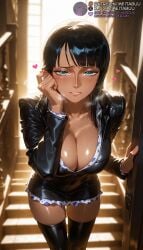 1girls ai_generated asymmetrical_hair backlighting black_dress black_hair black_jacket black_thighhighs blue_eyes blunt_bangs blurry blurry_background blush breasts breath cleavage collarbone collared_dress dark-skinned_female dark_skin doorway dress feet_out_of_frame female frilled_dress frills hair_tucking hand_up heart heavy_breathing indoors jacket large_breasts leaning_forward lips long_hair long_sleeves looking_at_viewer medium_hair meitabuu nico_robin one_piece parted_lips partially_unbuttoned partially_unzipped pov_doorway shiny_clothes shiny_skin shirt short_dress skindentation solo stairs standing sweat tan thigh_gap thighhighs zettai_ryouiki zipper