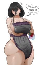 1girls artist_logo blush dialogue english_text female hex_maniac lactation_through_clothes large_breasts milf naked_apron pokemon sangsangatsange solo_female twitter_link