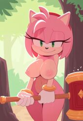 ai_generated amy_rose big_breasts big_thighs breasts completely_naked_female completely_nude completely_nude_female female furry_female hedgehog_girl holding_hammer holding_object naked naked_female nipples nude_female outdoors pink_body pink_hair smiling smug sonic_(series) sonic_the_hedgehog_(series) two_tone_fur voluptuous_female