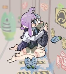 2girls biting_ear blue_cum blue_hair bottomless bottomless_female bottomless_skirt gray_eyes inkling inkling_girl looking_up nintendo object_in_ass object_in_mouth object_insertion purple_eyes purple_hair sailor_uniform splatoon splatoon_(series) splatoon_3 tentacle_hair thiori training_dummy training_room triple_penetration yuri