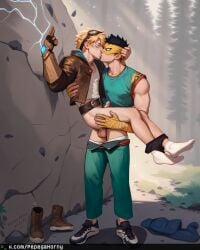 absurd_res ai_generated anal_sex boys boys_love carrying carrying_partner carrying_position closed_eyes detailed_background digital_painting_(artwork) ezreal hi_res horny_pepega iron_fist iron_fist_(marvel_rivals) kissing league_of_legends lin_lie magic_user male male_focus male_only male_penetrating_male marvel marvel_rivals muscular muscular_male nature nature_background pants_down partially_clothed penis_size_difference shaded sneakers socks standing_sex twink underwear_down yaoi