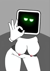 big_breasts dreadshot green_eyes robot_girl tv_head white_body zenny_(dreadshot)