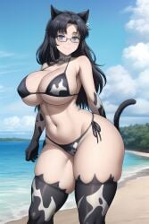 1girls ai_generated ass big_breasts black_hair blue_eyes cat_ears cat_tail catgirl cow_print cow_print_bikini female female_focus female_only huge_ass huge_breasts large_breasts long_hair looking_at_viewer mature_female milf smile thick_thighs thighs