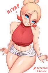 1girls anisdrawn breasts female female_focus female_only large_breasts light-skinned_female light_skin looking_at_viewer midriff nintendo pokemon pokemon_legends:_z-a short_shorts shorts solo taunie_(pokemon) thick_thighs thighs white_background wide_hips