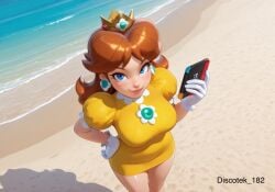 ai_generated beach big_breasts blue_eyes brown_hair crown horny horny_female mario_(series) mario_kart mario_strikers naughty_face nintendo_switch princess princess_daisy video_game_character video_games yellow_dress