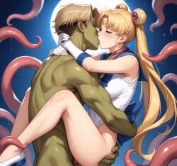 ai ai_generated blonde_hair blue_sky buns bunsen colorful colorful_background detailed detailed_background female female green_skin kiss_mark kissing long_hair moon moonlight muscular muscular_male night sailor_moon tentacle tentacles_around_legs