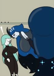 ! 2girls bent_over big_breasts clothed clothing dark_blue_hair employee_(lobotomy_corporation) knight_of_despair light_green_hair lobotomy_corporation long_hair magical_girl oomyloops project_moon size_difference surprised surprised_expression thicc thick_ass thick_hips thick_thighs towering