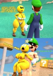 1boy 1girls 3d 3d_(artwork) ?_block block blue_overalls blush bra breasts brown_hair clothing clouds dialogue doggy_style duo facial_hair female gloves grabbing_arms grass green_hat green_shirt hat humanoid humanoid_on_humanoid humiliating humiliation interspecies light-skinned_male light_skin luigi male male/female mario_(series) mario_and_luigi_(series) mocking nintendo nipples open_mouth outdoors overalls panties penis_in_pussy rape relliksb sex shirt shoes starlow straight straight_sex text white_gloves