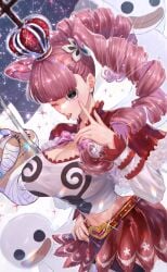 1girls bangs big_breasts black_eyes blush breasts cleavage clothed clothing crown female female_only large_breasts light-skinned_female light_skin looking_at_viewer midriff navel one_eye_closed one_piece perona pink_hair sc_scandium shirt skirt thighhighs tongue tongue_out