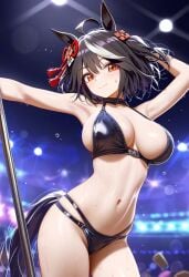 1girls ai_generated animal_ears animal_tail armpits bikini black_hair breasts club female hair_ornament horse_girl kitasan_black_(umamusume) large_breasts multicolored_hair pole_dancing poll red_eyes short_hair stripper_pole two_tone_hair umamusume umamusume_pretty_derby