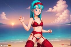 1girls ai_generated aqua_hair artist_name ass_visible_through_thighs beach blue_eyes blue_hair bra bra_(dragon_ball) bra_briefs breasts choker cloud collarbone dragon_ball dragon_ball_gt earrings garter_belt hairband hi_res high_heels jewelry kneeling lingerie long_hair looking_at_viewer medium_breasts navel ocean outdoors panties patreon_logo patreon_username red_bra red_footwear red_hairband red_panties red_thighhighs rule34lab sky small_breasts smile solo starfish thighhighs underwear water web_address