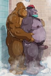 2:3 anthro ape ass balls bathing belly_grab bruiser_(sinfulspikes) duo erection facial_hair fur genitals gorilla groping_from_behind haplorhine hi_res male male/male mammal moustache musclegut muscular muscular_male omari_(skyskater) open_mouth open_smile overweight overweight_anthro overweight_male pec_grab pecs primate pronounced_browridge pubes purple_body purple_fur shower showering showering_together side_view skyskater smile water wet wet_body wet_fur