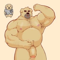 1:1 absurd_res anthro aruu_ashe bodily_fluids canid canine canis domestic_dog erection fur genitals hi_res male mammal muscular muscular_male nude pecs penis simple_background solo