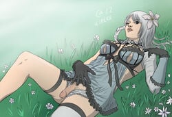 1futa autumn_sacura blue_eyes dress flower flowers fringe futa_only futanari gloves grass hair intersex kaine_(nier) lying lying_down medium_breasts nier_(series) nier_replicant pale_skin panties penis sleeve small_penis solo square_enix stockings tights veins veiny_penis white_hair