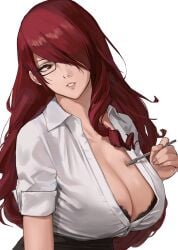 1girls bespectacled black_bra bra bra_peek breasts brown_eyes cleavage collared_shirt female glasses hair_over_one_eye highres holding holding_pen j@ck large_breasts lips long_hair looking_at_viewer mitsuru_kirijo parted_lips pen persona persona_3 red_hair scoop_neck shirt simple_background sleeves_rolled_up underwear upper_body white_background white_shirt