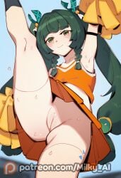1boy 1girls ai_generated armpits breasts cheerleader cheerleader_uniform female flat_chest from_below green_hair half_naked hi_res hoyoverse male milky_ai one_arm_up one_leg_up pom_pom_(clothes) portrait pussy qingyi_(zenless_zone_zero) robot robot_girl robot_humanoid shaved_pussy skirt small_breasts twintails wet zenless_zone_zero