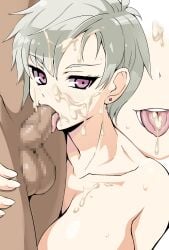 1boy absurdres aegis_(theoryiv) breasts censored collarbone commission completely_nude cum cum_on_body cum_on_chest eiyuu_densetsu facial fellatio female grey_hair highres large_breasts licking licking_penis mosaic_censoring nude open_mouth oral penis purple_eyes sen_no_kiseki_(series) sen_no_kiseki_iii short_hair skeb_commission straight teeth tongue tongue_out valerie_(eiyuu_densetsu)