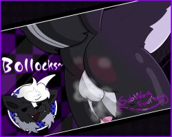 absurd_res anthro balls big_butt blush body_blush border butt butt_blush genitals headshot_portrait hi_res male male/male mammal mephitid milo_the_skunk(character) musk penis portrait purple_border skunk solo subway_footlong tail text thick_thighs