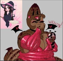 1boy 1girls bat_wings busty_boy character_request chubby_femboy commission crossdressing dedoggyskullz eyelashes eyeshadow freckles furry heart male/female meme miciah_kaisona_(wkkeezy) nada_(nadacheruu) nadacheruulewd oc original_characters pig pig_girl pink_skin red_clothing red_dress shiba_inu size_difference sparkly_dress spots thick_thighs voluptuous_male wide_hips witch wkkeezy(artist)