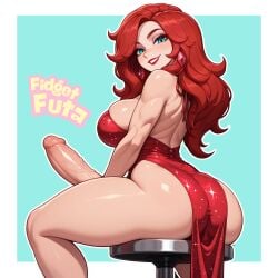 ai_generated big_ass big_breasts big_penis breasts cartoon cartoony dress fidget_futa fit futa_only futanari intersex league_of_legends league_of_legends:_wild_rift lips lipstick miss_fortune penis red_hair toned