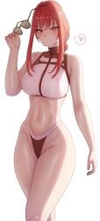 2025 bangs bare_arms bare_shoulders belly big_breasts bikini blush breasts curvy curvy_female fair_skin female female female_only fit_female goddess_of_victory:_nikke hairbun hand_up highres large_breasts light-skinned_female light_smile long_hair looking_at_viewer lvl_(sentrythe2310) navel rapi_(nikke) red_eyes red_hair simple_background smile solo solo_female spoken_heart standing sunglasses sweat swimsuit thick_hips thick_thighs thighs thong_bikini tied_hair toned_female white_background