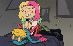 1boy amphibia bar_censor bed bedroom blonde_hair blush boots censored closed_eyes collared_shirt colored_skin covered_face ctfbm female frog_boy full_body green_hair green_skirt grin indoors long_hair lying male_masturbation masturbation molly_jo multicolored_hair pantyhose pink_hair pink_skin round_eyewear shirt skirt smile sprig_plantar sweatdrop sweater_vest teeth